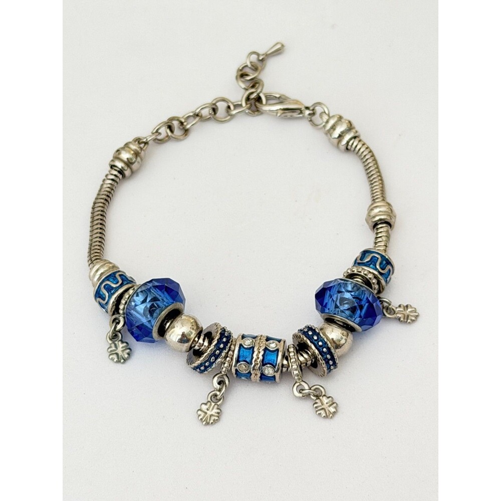 Vintage Silver Tone European Charm Bracelet Royal Blue Crystal Beads Four Leaf